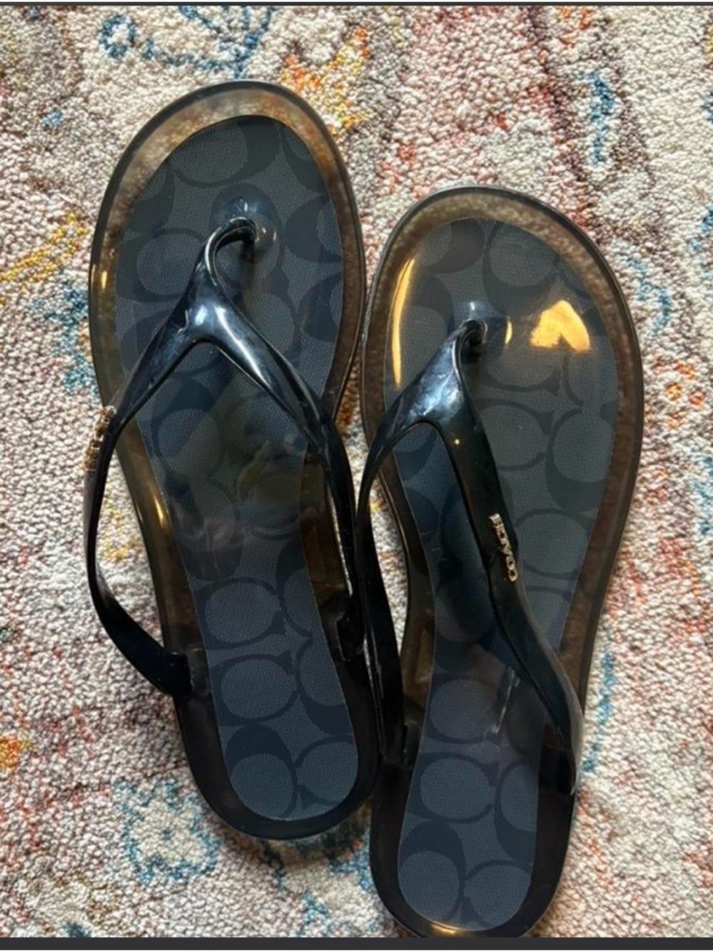 COACH Y2K 2000s Black Natalee Jelly Flip Flop Sandals with Gold Detailing